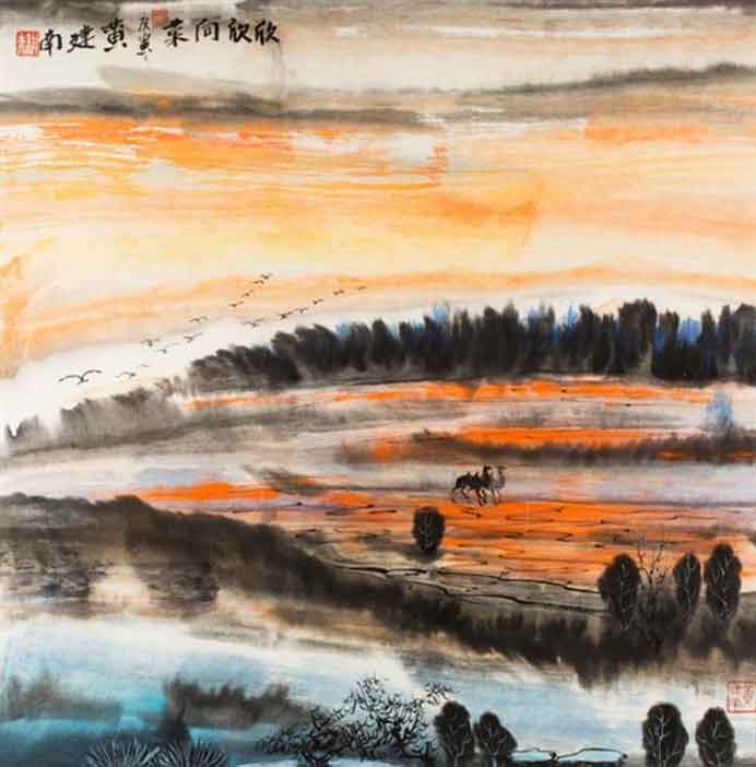 Huang Jiannan  黄健南 -   Chameaux au bord d'un fleuve, crépuscule