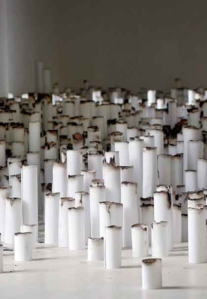 Qin Chong  秦冲  -  Past Future  -  white paper cylinders  - installation Hong Kong International Art Fair  -  2012